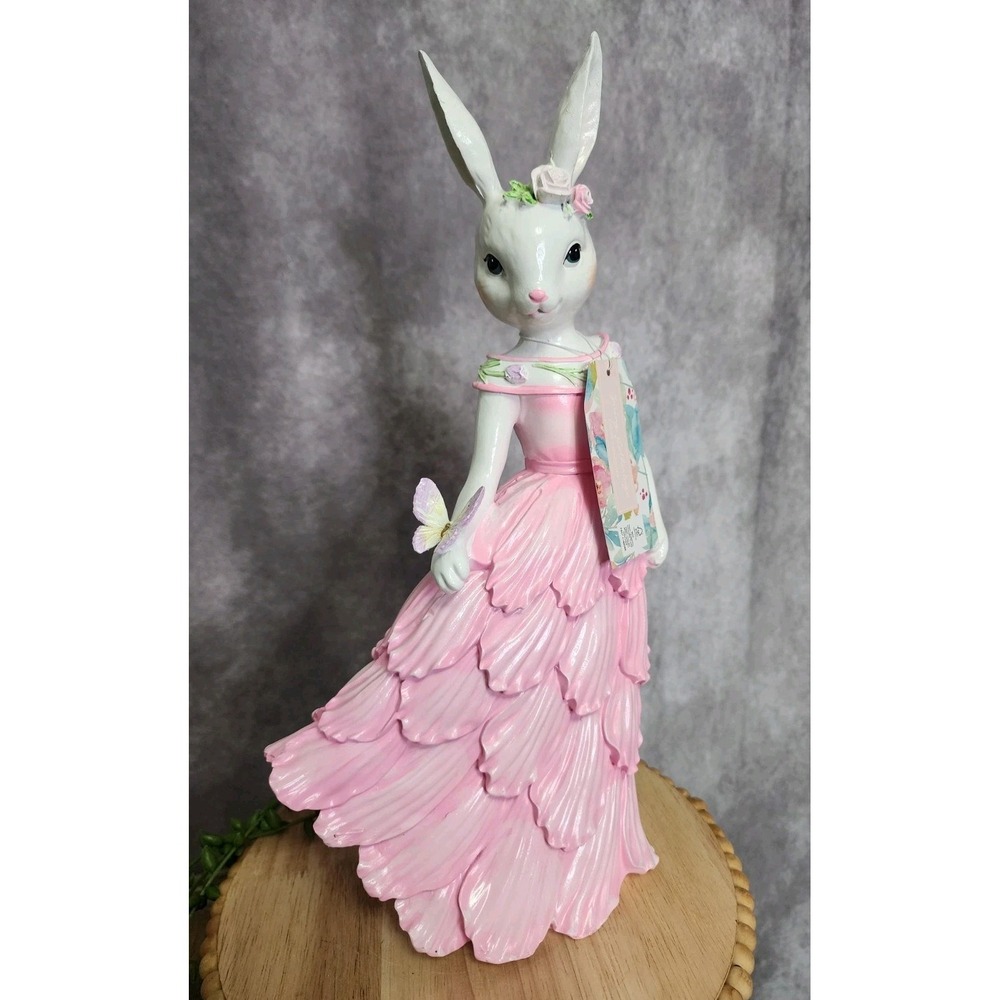 Easter Bunny Rabbit Girl Pink Dress Figurine 14"‎ Tall Butterfly Bow Flowers NEW